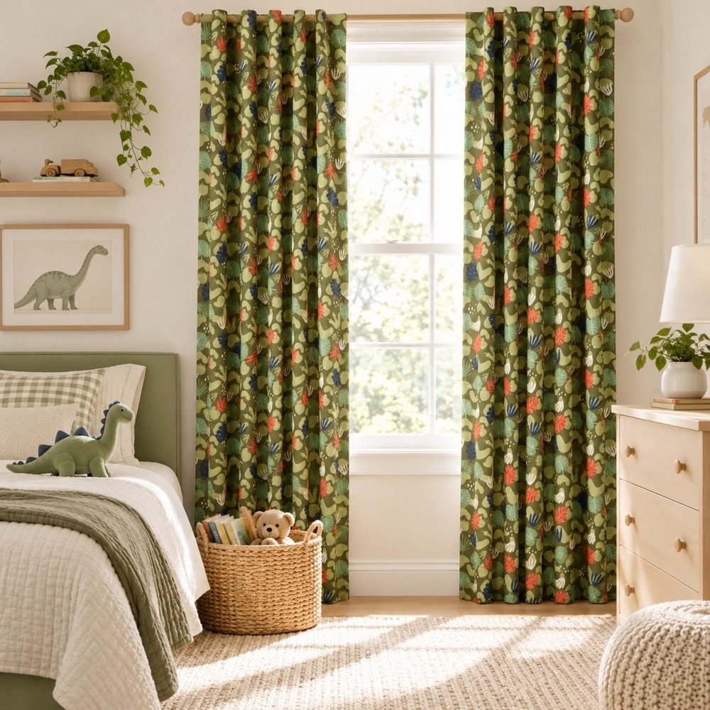 Pillowfort Dinosaur Fossil Blackout Curtain Panel 42x84 Green Ferns New